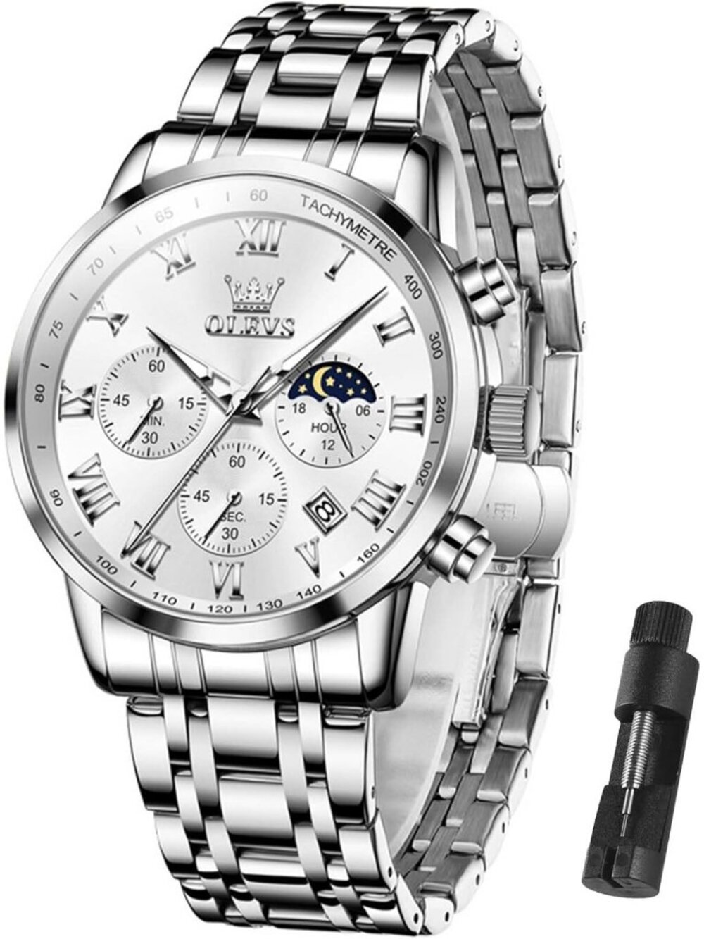 Olevs Men's Silver Multifunction Waterproof Luminous Chronograph Wrist Watch